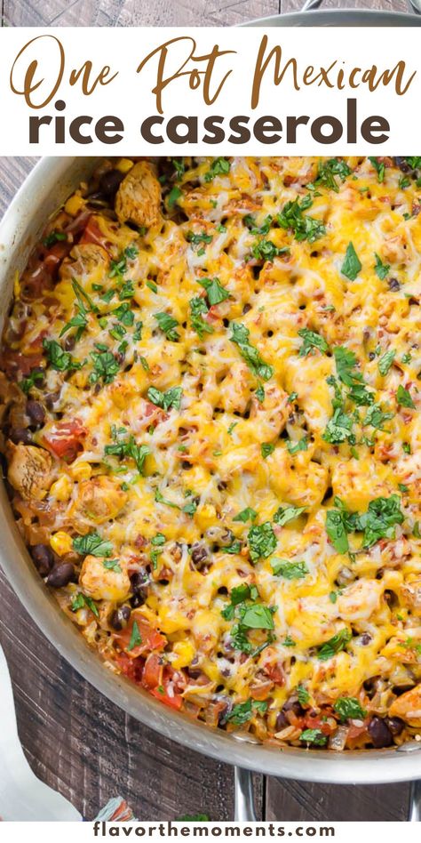 One Pot Mexican Rice Casserole is an easy, family-friendly dinner that's on the table in about 30 minutes! There's minimal prep, easy clean-up and it may be made vegetarian or vegan with a few simple swaps! #casserole #onepotdinner #glutenfree One Pan Mexican Rice Skillet, Rice And Bean Casserole Mexican, One Skillet Mexican Rice Casserole, One Pot Mexican Rice Casserole Chicken, Black Beans And Rice Casserole, One Pot Mexican Casserole, Creamy Mexican Rice, Vegetarian Mexican Rice Casserole, One Pan Mexican Rice Casserole