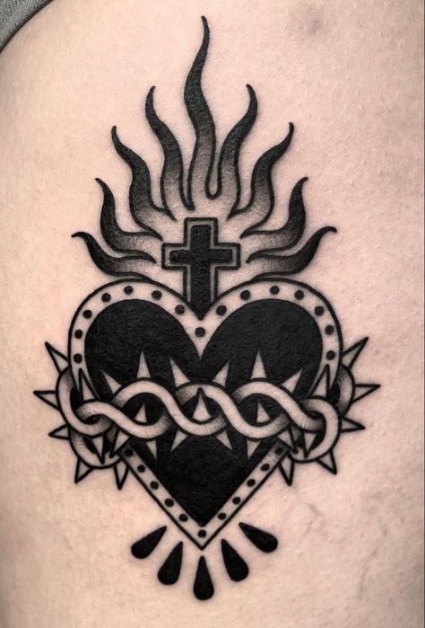 Traditional Tattoo Cross, Sacred Heart Tattoo Design, Heart Tattoo Ideas, Sacred Heart Tattoo, Heart Tattoo Design, Traditional Heart Tattoos, Sacred Heart Tattoos, Traditional Tattoo Sleeve, Flash Tattoo Designs