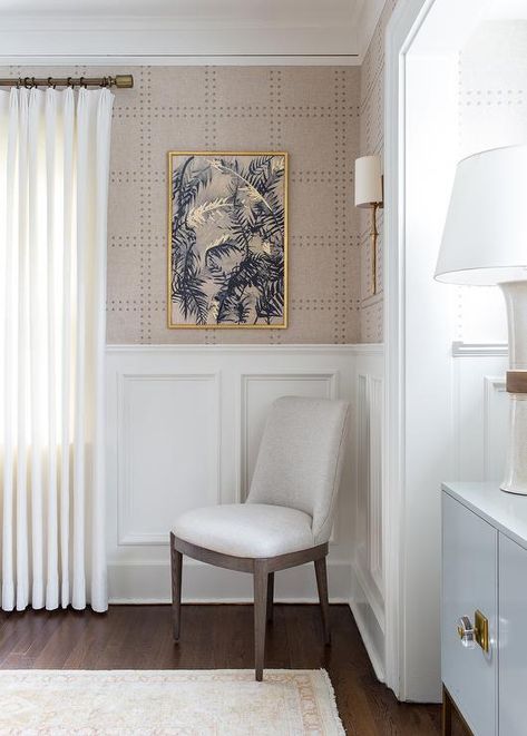 Beige Rivets Wallpaper with White Wainscoting - Transitional - Dining Room Rivets Wallpaper, Grasscloth Wallpaper Dining Room, Dining Room Chair Rail, 2023 Dining Room, Painted Wainscoting, Wingback Dining Chair, Dining Room Wainscoting, White Wainscoting, Woven Dining Chairs