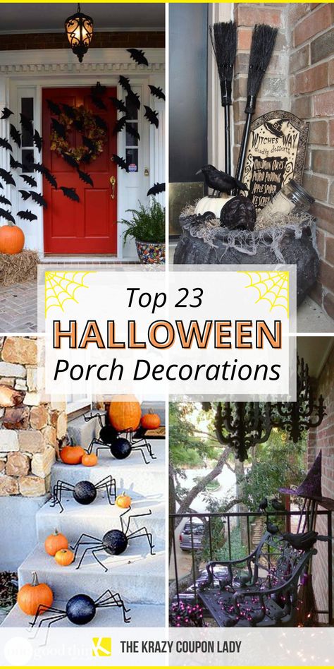 Looking for the best ideas for Halloween porch decorations? Whether you have a small porch or large outdoor space to decorate for Halloween, these DIY Halloween decorations will blow away your trick or treaters & neighbors! Halloween front porch decor can be easy & cheap with these tips & ideas rounded up by The Krazy Coupon Lady. Get spooky with your front porch Halloween decor or fall decorations this year with the best ideas on the internet! Outside Halloween Decorations, Halloween Patio, Halloween Diy Outdoor, Halloween Decor Diy, Halloween Outside, Easy Diy Halloween Decorations, Halloween Front Doors, Halloween Front Porch Decor, Porch Decorations