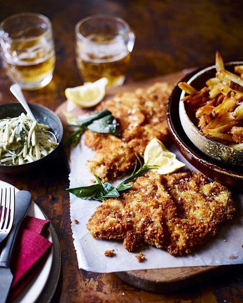 These veal schnitzels are tender, oh-so moreish and best served with fries. Ready to eat in 30 minutes they are perfect for a decadent midweek dinner or a cosy Saturday night in. Pazole Recipe, Veal Schnitzel, Beef Bolognese, Bratwurst Recipes, Veal Recipes, Chicken Schnitzel, German Recipes, Ethnic Food, Delicious Magazine