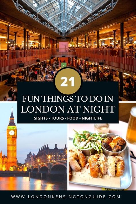 A local's guide to the best things to do in London at Night. Perfect for locals and visitors alike. Check out cool London sights at night. Hiden nigt tours, cool and cute secret spots in the city, 24 hour cinema perfect for thos on a layover or those looking for unique things to do in London and many more #london #travel #traveldestinations | London city guide I London England | free things to do in london at night | london night things to do #citybreaks #Night #UK #Bars #Restaurants #Evening Eat In London, London At Night, London Nightlife, London Tips, England Travel Guide, London Sights, London Kensington, London Guide, Cool Things To Do