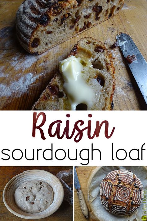 I adapted a basic sourdough loaf recipe by Vanessa Kimbell, baker, teacher, originator of my favourite 24-hour sourdough loaf recipe and the author of 'The Sourdough School: The Ground-breaking Guide to Making Gut-friendly Bread'  Slice of home-made raisin sourdough loaf | H is for Home ⁣ ⁣ ⁣ ⁣ #baking #bread #cookery #cooking #loaf #raisin #raisinbread #realbread #recipe #sourdough #sourdough bread #sourdoughloaf Sourdough Raisin Bread Recipe, Sweet Sourdough Bread Recipe, Sourdough Cinnamon Raisin Bread, Cinnamon Raisin Sourdough Bread, Raisin Sourdough Bread, Cinnamon Raisin Sourdough, Sourdough Cinnamon Raisin, Raisin Bread Recipe, Cinnamon Raisin Bagel