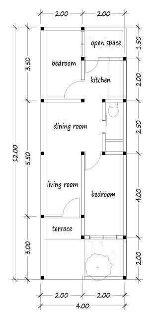 4 X 7 House Plan, 4x8 House Plan, Small House Design Floor Plan, Mini House Plans, House Columns, 20x40 House Plans, Narrow House Designs, Narrow House Plans, 2bhk House Plan