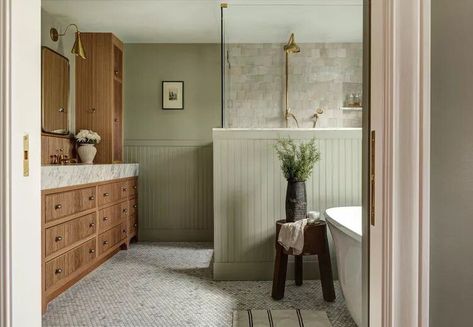 25 Calming Colors to Use in Your Home — The Spruce Bathroom Wainscoting Ideas, Half Wall Ideas, Coral Paint, Bathroom Wainscoting, Half Wall Shower, Black Wainscoting, Sage Green Paint Color, Painted Wainscoting, White Beadboard