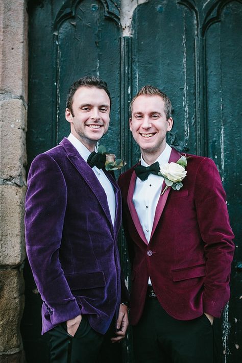 #rockmywinterwedding @Derek Smith My Wedding A Vivienne Westwood Floral Frock and Purple Velvet Jacket... Jewel Tone Wedding Tuxedo, Jewel Tone Tuxedo, Jewel Tone Wedding Suit, Jewel Tone Groom, Jewel Tone Groomsmen Attire, Pagan Marriage, Jewel Tone Wedding Colors, Purple Velvet Jacket, Colored Suits