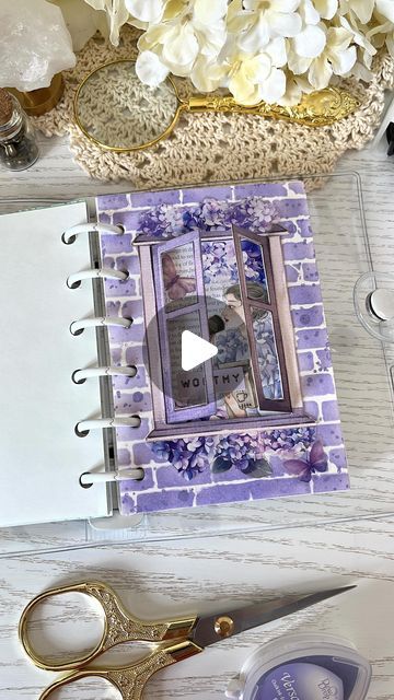 M.E and My Journal | ASMR Creative Journaling on Instagram: "A purple hydrangea window spread today 💜   Filming this art journal page took sooo long as there is building work that was very loud nearby so had to keep stopping and starting, and then my cat was purring loudly next to me which was lovely but not sure how that would go down with the asmr 😂 anyways we got it down and there’s something really magical about a window spread don’t you think?  Supplies:  - ringbound journal, girl sticker and hydrangeas from @lblyxir (use code ME10 for discount) - butterflies and words from @estarcaseshop (use code ME12 for discount) - ink by @tsukineko_official from @journalpages_addict - ink storage shelf by @zari.prints  - stencil by @tim_holtz  - blending brushes from @journalsayshop (use code M Coffee Ring, Holiday Scrapbook, Purple Hydrangea, Hydrangea Purple, Bullet Journal Diy, Creative Journal, Vintage Journal, Journal Page, Scrapbook Journal