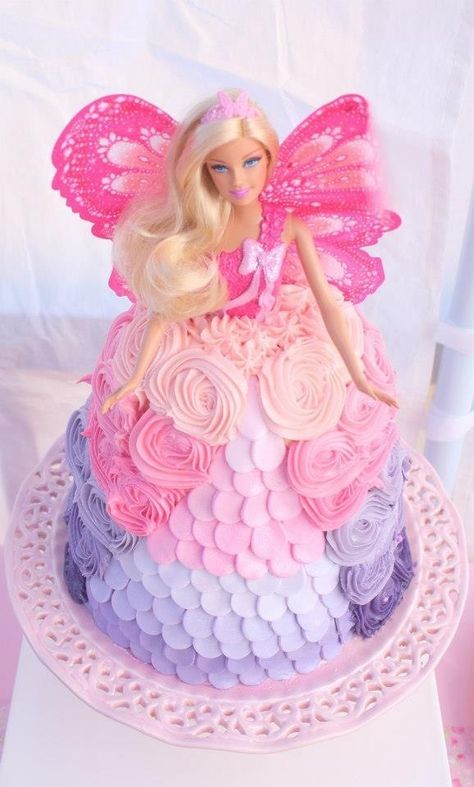 Barbie Dolly Varden Cake, Pink And Purple Barbie Cake, Purple Barbie Birthday Party, Dolly Varden Cakes, Barbie Cake 5th Birthday, Unicorn Barbie Cake, Barbie Cakes For Girls Birthday Kids, Barbie Cookie Cake, Barbie Dream House Cake