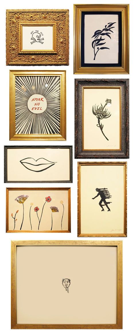 Mixed Metal Frame Gallery Wall, Ornate Gold Frame Gallery Wall, Jennifer Ament, Art In Gold Frame, Framed Drawings, Black Sketches, Gold Frame Art, Gold Framed Art, Fancy Frames