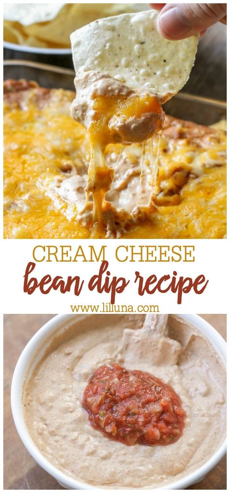 Cheese Bean Dip, Bean Dip Recipes Refried, Cream Cheese Bean Dip, Bean Cheese Dip, Refried Bean Dip, Bean Dip Recipe, Mexican Dip, Best Dip Recipes, Mexican Dips