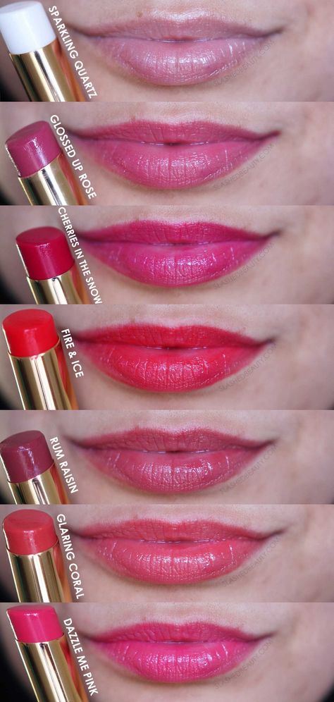 Revlon Super Lustrous Melting Glass Shine Lipstick Swatches | Sparkling Quartz, Glossed Up Rose, Cherries in the Snow, Fire & Ice, Rum Raisin, Glaring Coral, Dazzle Me Pink | Comfortable Glossy Drugstore Lipstick | Slashed Beauty #lipstickswatches #drugstorelipstick #drugstoremakeup Revlon Lipstick Swatches, Revlon Super Lustrous Glass Shine, Revlon Gloss, Glass Shine Lipstick, Cherries In The Snow, Drugstore Lipgloss, Mac Lipstick Shades, Drugstore Lipstick, Lipstick For Dark Skin