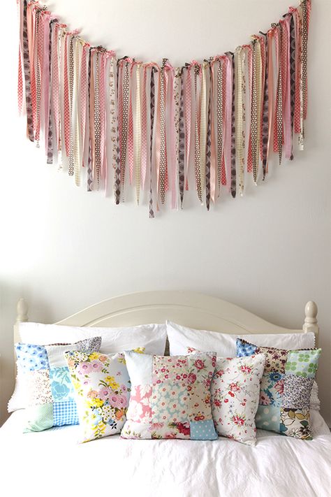 Fabric Streamers, Cushion Inspiration, Ribbon Ideas, Ribbon Decoration, Ribbon Garland, Fabric Garland, Metal Tree Wall Art, Boho Deco, Kids Bedrooms