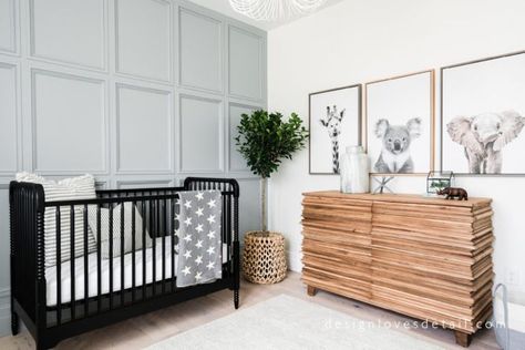 Safari Inspired Nursery, Black And Wood Nursery, Benjamin Moore Accent Wall, Boothbay Gray Benjamin Moore, Boothbay Gray, Child Playroom, Neutral Nursery Design, Swiss Coffee Benjamin Moore, Nursery Design Neutral