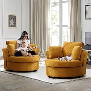 JEEOHEY Swivel Barrel Chair Set of 2, 40'' W Chenille Round Swivel Chair,360° Oversized Accent Chair,Modern Upholstered Arm Chair,Comfy Single Sofa Chair for Nursery,Living Room,Bedroom(Yellow) Oversized Sofa Chair, Yellow Chair Living Room, Oversized Accent Chair, Chair For Nursery, Accent Chair Modern, Round Swivel Chair, Bedroom Yellow, Chair Comfy, Modern Swivel Chair