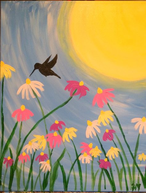 Time Painting Ideas, Hummingbird Painting, Summer Painting, Easy Canvas Painting, Time Painting, Canvas Painting Diy, Spring Painting, 수채화 그림, Small Canvas Art