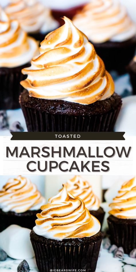 Campfire Cupcakes, Marshmallow Frosting Recipes, Homemade Chocolate Cupcakes, Marshmallow Cupcakes, Marshmallow Desserts, Campfire Marshmallows, Marshmallow Frosting, Cupcake Recipes Chocolate, Recipes With Marshmallows