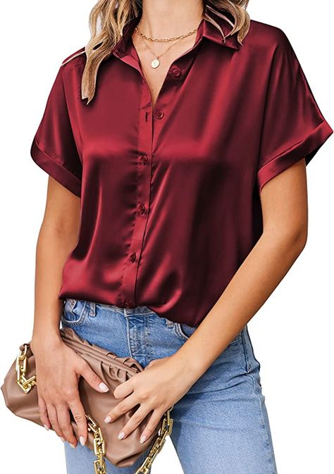 Satin Button Down Shirt, Awesome Blouse, Shirts Short Sleeve, Satin Short, Business Tops, Satin Blouse, Top For Women, Shirts For Women, Tunic Blouse