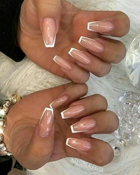 Almond Nails French Tip Wedding, French On Coffin, Coffin Tip French Nails, French Nail With Crystal, French Tip Mix Nails, Classy French Nails Square, French Manicure On Coffin Shaped Nails, Modern French Nails Square, Nails Acrylic Color Ideas