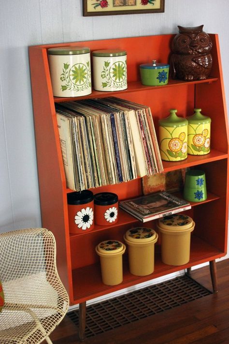 70s Bookshelf, Loft Mezzanine, Cottage In The Mountains, Franklin North Carolina, Vintage Kitchen Canisters, Record Shelf, Eclectic Cottage, 70s Interior, 70s Home