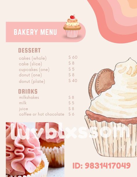 Bakery Menu Bloxburg, Bloxburg Bakery, Bloxburg Food Decals, Bakery Names, Bloxburg Decals Codes Aesthetic, Bakery Sign, Bloxburg Decals Codes Wallpaper, House Decals, Bakery Menu