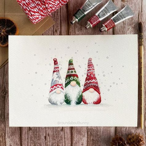 Watercolor Nomes, Christmas Cards Gnomes, Christmas Gnomes Drawing, Gnomes Watercolor, Christmas Knomes, Funny Family Christmas Cards, Watercolor Christmas Cards Diy, Gnome Watercolor, Art Markers Drawing