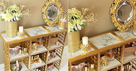 Dollar Tree DIY Marble And Gold Organizer Diy Perfume Organizer, Diy Dollar Store Shelf, Gold Organizer, Diy Shelves Ideas, Craft Paper Storage, Dollar Tree Organization, Diy Makeup Storage, Desk Organization Diy, Dollar Store Diy Organization