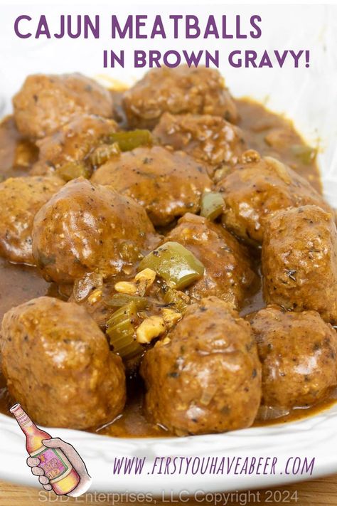 Comfort food from the Bayou...Cajun Meatballs in Brown Gravy. Rice and Gravy is a food group in South Louisiana, and this simple recipe is Rice and Gravy on steroids. Tender and juicy Cajun Meatballs simmered in a rich, roux-based gravy made with the Trinity, white wine, rich stock, and traditional South Louisiana seasonings. This perfect Cajun family meal is simple and heart-warming like comfort food should be. Cajun Meatballs And Gravy, Smothered Meatballs Gravy, Cajun Meatball Stew, Cajun Ground Beef Recipes, Cajun Rice And Gravy, Louisiana Recipes Cajun Cooking, Soul Food Thanksgiving Recipes, Deep South Recipes, Rice And Gravy Recipes Cajun