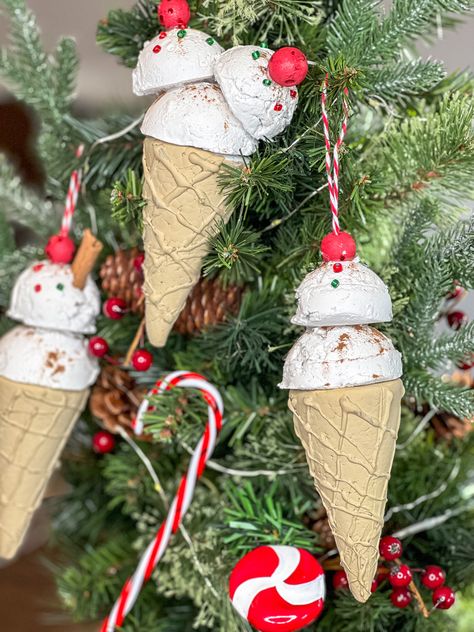 Faux ice cream, faux ice cream ornament, faux waffle cone, faux food christmas ornament Diy Ice Cream Cone Ornaments, Ice Cream Cone Diy, Faux Ice Cream, Gingerbread Cottage, Food Christmas, Faux Food, Diy Ice Cream, How To Make Christmas Tree, Waffle Cone