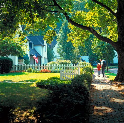 Father and son walking along sidewalk in typical American small town neighborhood. United States. Perfect Neighborhood Aesthetic, Neighborhood Reference, Sunny Neighborhood, Aesthetic Neighborhood, American Small Town, Cute Neighborhood, Neighborhood Aesthetic, Perfect Neighborhood, American Neighborhood