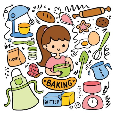 Kawaii hand drawn baking equipment doodl... | Premium Vector #Freepik #vector #kids-doodle #kids-elements #children-illustration #doodle-people Cooking Doodles Art, Baking Cute Illustration, Cooking Doodles, Baking Doodles, Money Doodle, Baking Illustration, Baking Drawing, Back To School Vector, Doodle Kids