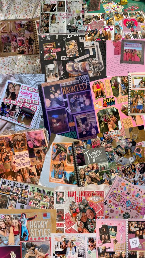 Senior Photo Album Ideas, Girly Scrapbook Aesthetic, Be Real Scrapbook Page, Scrapbooking With Photos, Picture Scrapbook Ideas Memories, Birthday Photo Book Ideas, Printable Scrapbook Paper Aesthetic, Photobook Ideas Diy, Scrapbook Ideas Memories