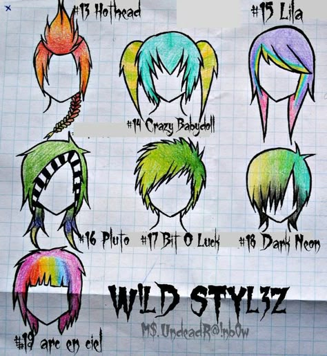 Wild Hair Reference, Scene Hair Color Ideas, Scene Hair Drawing, Colored Hair Styles, Scene Hair Colors, Scene Emo Art, Scene Kid Art, Hot Head, Character Hair