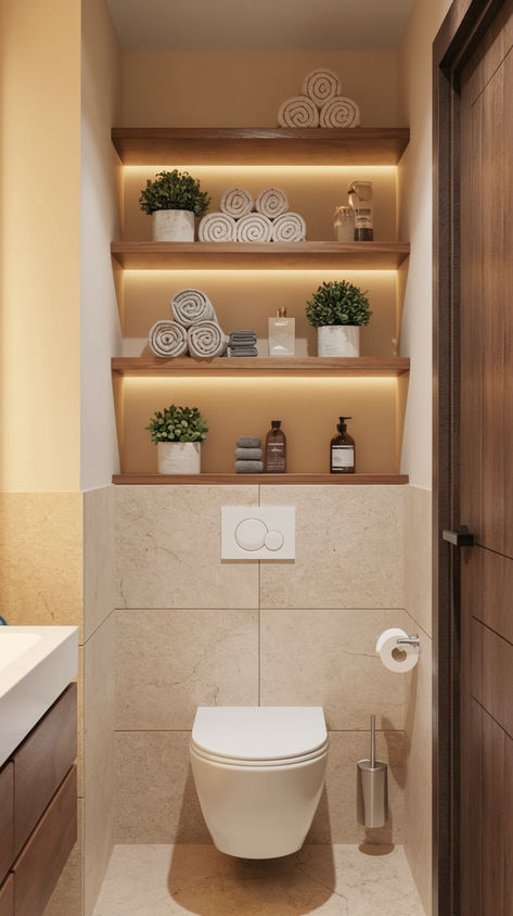 Save space and stay organized with these 19 inspiring bathroom storage hacks. These clever solutions are perfect for small bathrooms that need a little extra help. #BathroomStorageHacks #BathroomIdeasSmallStorage #BathroomStorageSolutions Small Wc Storage Ideas, Bathroom Storage Next To Toilet, Toilet In Own Room, Overhead Bathroom Storage, Very Small Bathroom Organization Ideas, Built In Storage Behind Toilet, Small Wc Decorating Ideas, Top Of Toilet Storage, Small Stone Bathroom Ideas