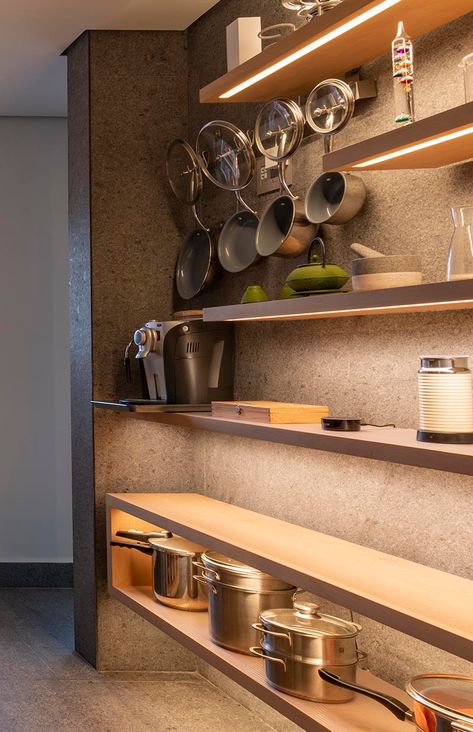 Use Hidden Lighting Under Shelves To Create A Dramatic Wall Strip Lighting Kitchen, Lighting Shelves, Under Shelf Lighting, Dramatic Walls, Kitchen Lighting Ideas, Hidden Lighting, Hidden Kitchen, Modern Kitchen Cabinet Design, Shelves Wall