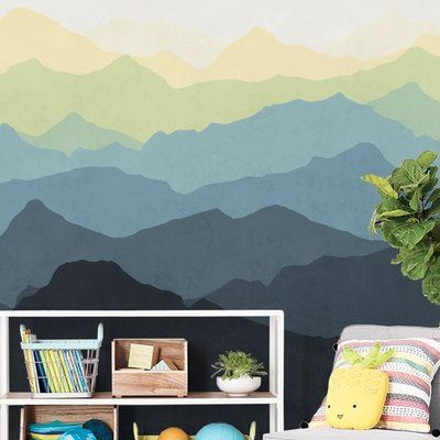 Mountain Mural, Murals For Kids, Yellow Ombre, Nursery Modern, Grand Art Mural, Mountain Wallpaper, Wall Art Wallpaper, Mural Wall, Oversized Wall Art