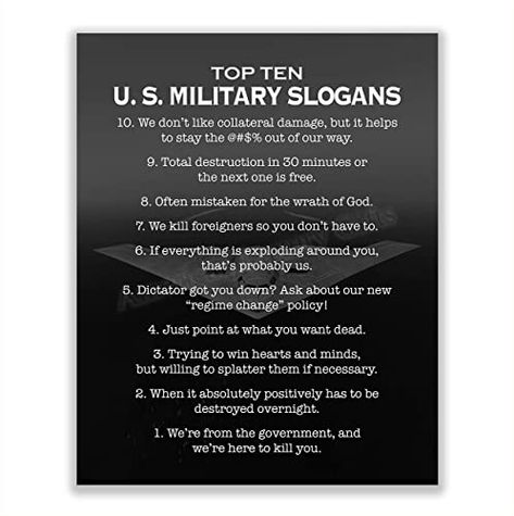 AmazonSmile: "Top Ten U.S. Military Slogans"-Patriotic Wall Art- 8 x 10" Typographic Print w/Stealth Bomber Image-Ready To Frame. Home-Office-Garage-Cave-Military Decor. Perfect Gift for Veterans! : Handmade Products Military Office, Patriotic Wall Art, Military Decor, Patriotic Wall, Office Garage, Typographic Print, Military Photos, Gifts For Veterans, Heart And Mind