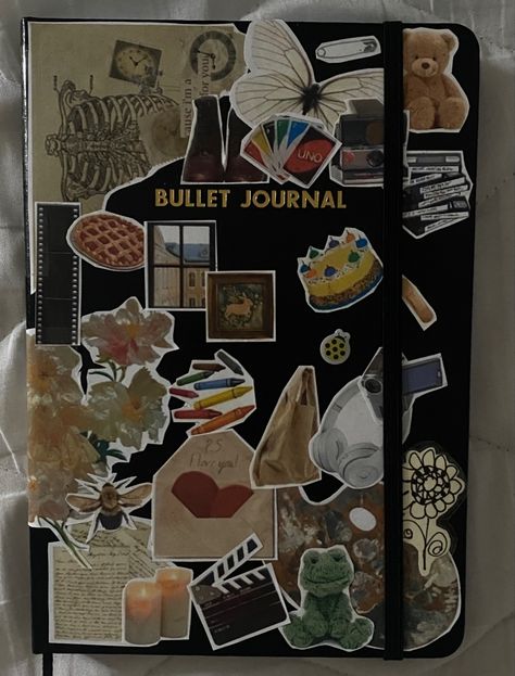 collage bullet journal decoration aesthetic journal sketchbook Journal Collage Cover, Stickers On Journal Cover, How To Decorate A Journal Cover, Diary Decoration Ideas Cover Aesthetic, Sketchbook Front Cover Ideas Aesthetic, How To Decorate Sketchbook Cover, Diary Ideas Cover, Decorating Notebooks Cover, Sketch Book Decoration Ideas