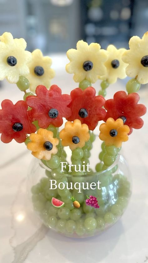 If you are hosting this spring or summer, this fruit bouquet is the perfect way to serve your fruit. 🍉 🍍 All you need is watermelon… | Instagram Individual Fruit Serving Ideas, Flower Fruit Kabobs, 2nd Birthday Fruit Theme, How To Make Fruit Flowers, Diy Fruit Arrangement, Watermelon Food Art, Fruit Centerpieces For Tables, Fruit Decorations For Party, Fruit Party Ideas