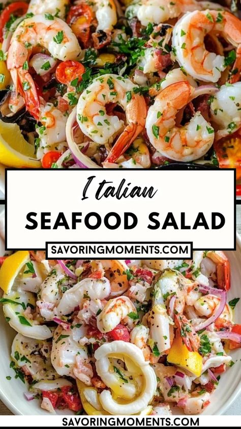 Fresh, zesty, and bursting with flavors from the sea, this Italian seafood salad is a perfect blend of shrimp, calamari, and fresh herbs. Drizzle with lemon and olive oil for a refreshing bite of Mediterranean magic. Whip up something special – get the recipe now #SeafoodSalad #ItalianRecipes #HealthyMeals #MediterraneanCuisine #FreshSeafood #EasyRecipes #DinnerInspo #ItalianFlavors #QuickMeals #SeafoodLovers Seafood Salad Recipe With Crab, Italian Seafood Salad, Mediterranean Shrimp Recipe, Mediterranean Shrimp, Feast Of The Seven Fishes, Italian Seafood, Fish Entrees, Italian Salad Recipes, Seafood Salad Pasta