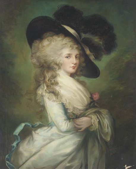 Gainsborough Thomas | Portrait of Georgiana, Duchess of Devonshire (1757-1806), three-quarter-length, in a pale blue dress and black hat | MutualArt Georgiana Duchess Of Devonshire, 18th Century Hats, Duchess Of Devonshire, Pale Blue Dress, Pale Blue Dresses, 18th Century Portraits, Rococo Art, Thomas Gainsborough, 18th Century Paintings