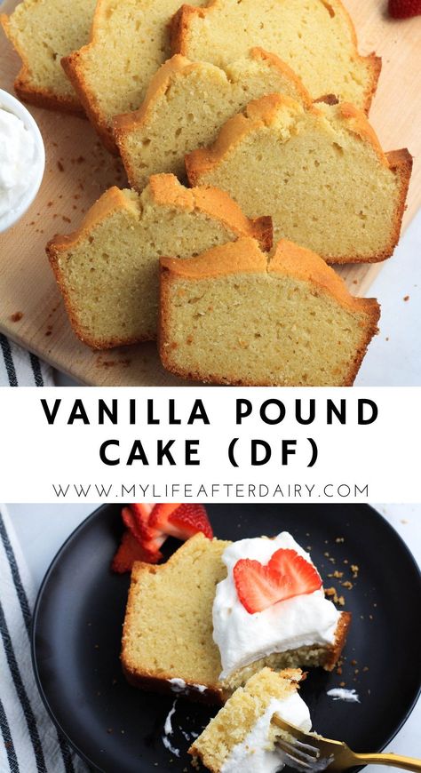 Rich, dense, and flavored with a hint of vanilla, this homemade dairy-free vanilla pound cakeis a must make dessert. This simple loaf-pan cake easily dresses up or down for any occasion. Serve plain with a warm cup of coffee or topped with dairy-free whipped cream and strawberries. Dairy Free Loaf Cake, Diary Free Cake Recipe, Dairy Free Pound Cake Recipe, Milk Free Cake Recipe, Dairy Free White Cake, Non Dairy Cake, Dairy Free Desserts Easy, Dairy Free Pound Cake, Pound Cake Gluten Free