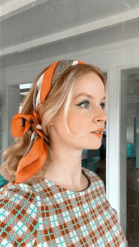 60s Scarf Hairstyles, Late 60s Hair, 50s Scarf Hair, 1960s Scarf Hair, 60s Hair And Makeup, Scarf Updo, 1960s Head Scarf, 50’s Neck Scarf, 1950s Hairstyle