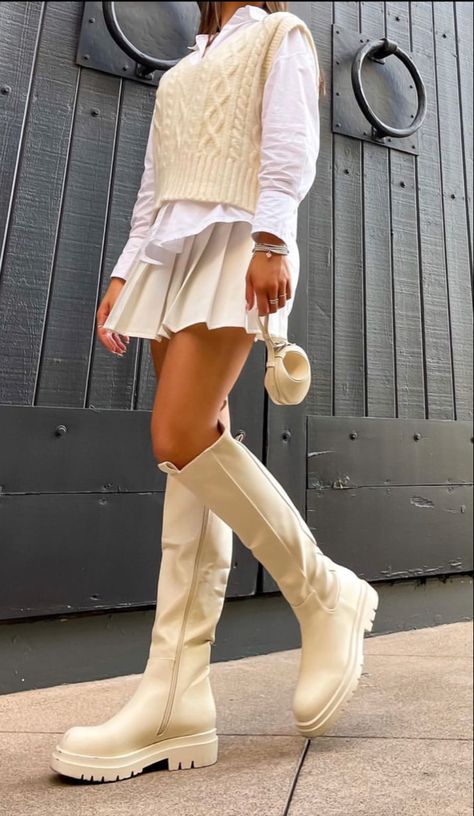 Cream knee high boots outfit