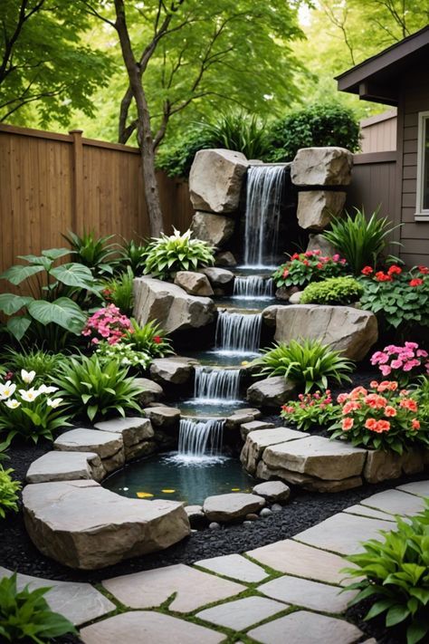 20 Small Garden Waterfall Ideas – ToolzView Dessert Garden Ideas, Backyard Water Fountain Ideas, Front Yard Waterfall, Waterfall Garden Ideas, Waterfall In Garden, Garden With Water Feature, Patio Waterfall, Yard Waterfall, Small Water Feature