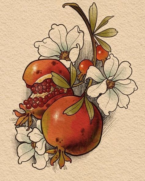 Flower And Fruit Tattoo, Pomegranate Neotraditional, Neo Traditional Orange Tattoo, Neotraditional Pomegranate Tattoo, Traditional Fruit Tattoo, Neotraditional Raspberry Tattoo, Art Nouveau Strawberries, Pomegranate Drawing, Pomegranate Tattoo