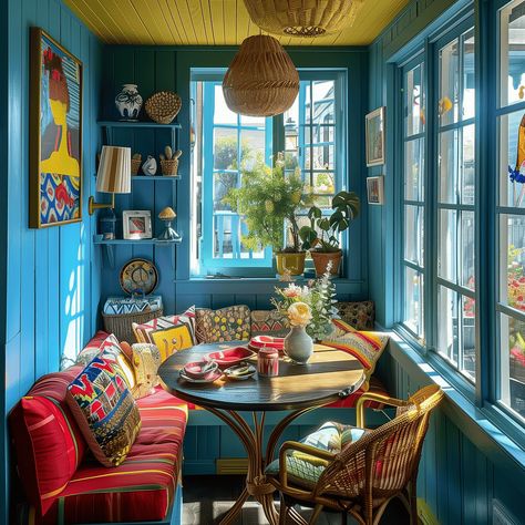 Vibrant Boho Cottagecore Breakfast Nook Concept Cottagecore Breakfast, Cozy Kitchen Nook, Maximalist Kitchen, Colorful Cushions, Coastal Contemporary, Wallpaper Walls Decor, Setup Ideas, Contemporary Cottage, Boho Cottagecore