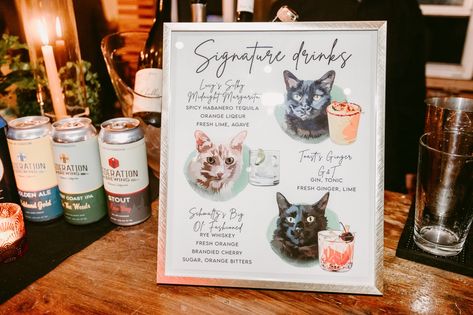 Adorable Drawings, Wedding Signature Drinks, Cat Wedding, 2025 Wedding, Wedding Pets, Cat Drinking, Custom Bar, Wedding Drink, Wedding Party Ideas