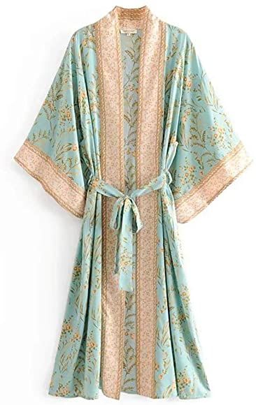 Seamido Women's Kimono Dressing Gown Beach Cardigan Long Kimono Robe Nightwear Pyjamas Bathrobe (Green, Small): Amazon.co.uk: Clothing Long Floral Kimono, Belt Kimono, Stile Boho Chic, Satin Nightwear, Kimono Dressing Gown, Kimono Floral, Blue Kimono, Turquoise Print, Mode Abaya