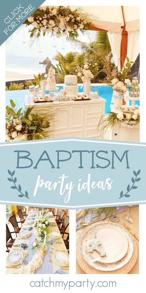 Don't miss this gorgeous classic baptism! The table settings are beautiful! See more party ideas and share yours at CatchMyParty.com Baptismal Table Set Up, Baptism Food Ideas Lunches, Baptism Dinner Ideas, Backyard Baptism Party, Baptism Luncheon Ideas, Baptism Food, Baptism Reception, Baptism Party Ideas, Adult Baptism