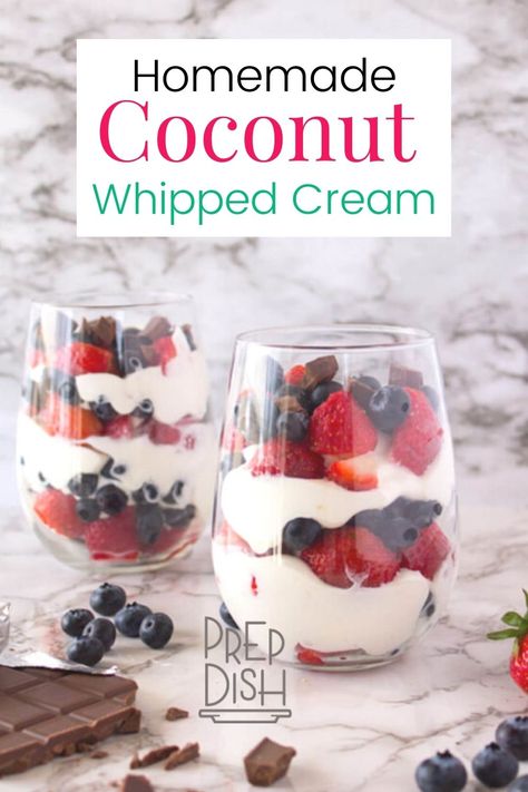 Learn how to make homemade coconut whipped cream that is a great addition to any dessert recipe. Fruit Parfait Dessert, Paleo Whipped Cream, Coconut Whipped Cream Recipe, Coconut Milk Whipped Cream, Whipped Cream Dispenser, Dairy Free Whipped Cream, Low Carb Desserts Easy, 4th Of July Dessert, Whipped Cream Desserts